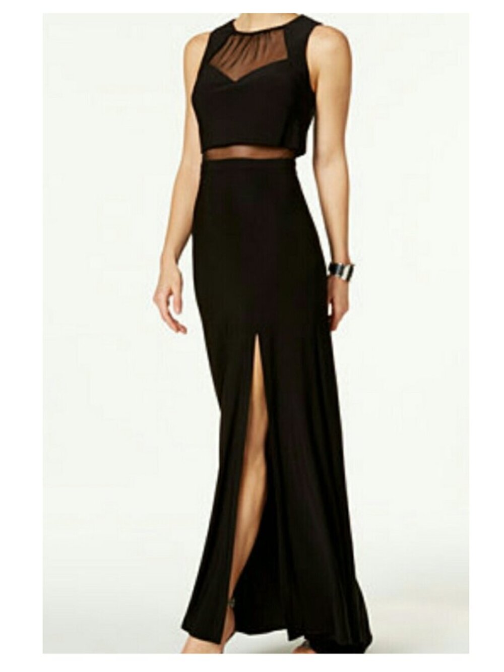 NW Nightway Black Cocktail Dress Size 14 Sheer Panels Slit Ponte Stretch